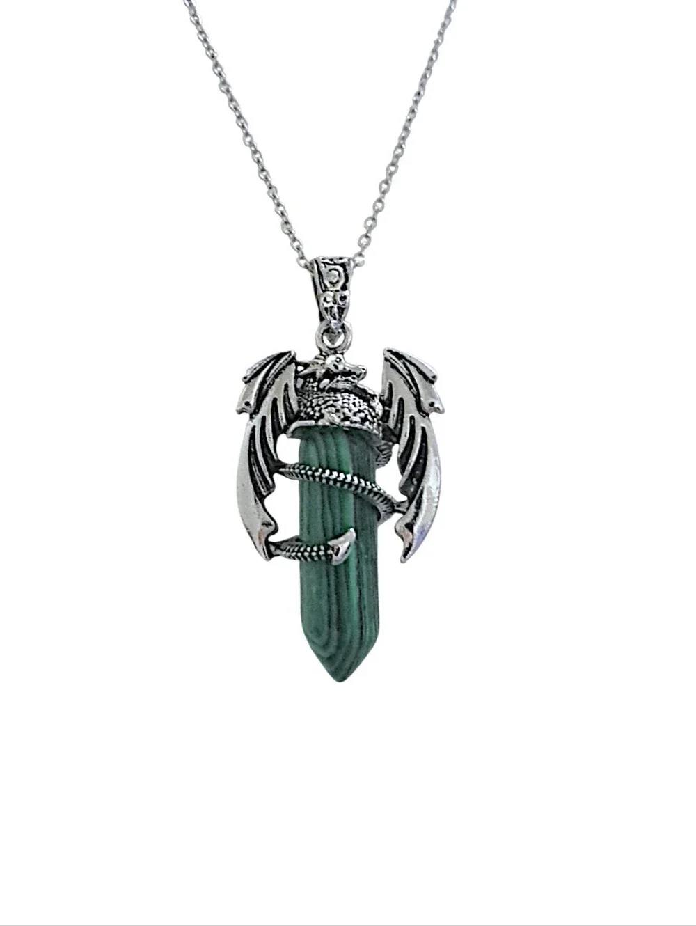 Silver Dragon Green Pendant w/ Stainless Steel Necklace NWOT